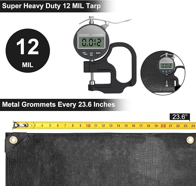 Tarp 12x16FT, 12 Mil, Heavy Duty Waterproof Tarps with Grommets Every 23.6", 420D Thick Plastic Tarp, UV Resistant, Tear & Fade Resistant, Reinforced Edges for Outdoor Pool, Camp, Tent
