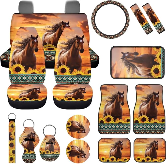 Animal Horse Car Seat Covers Full Set of 17 Pcs Sunflower Car Floor Mats Set of 4 Horse Automotive Accessories with Steering Wheel Cover Seat Belt Cover Pad Car Armrest Pad,Universal Fit