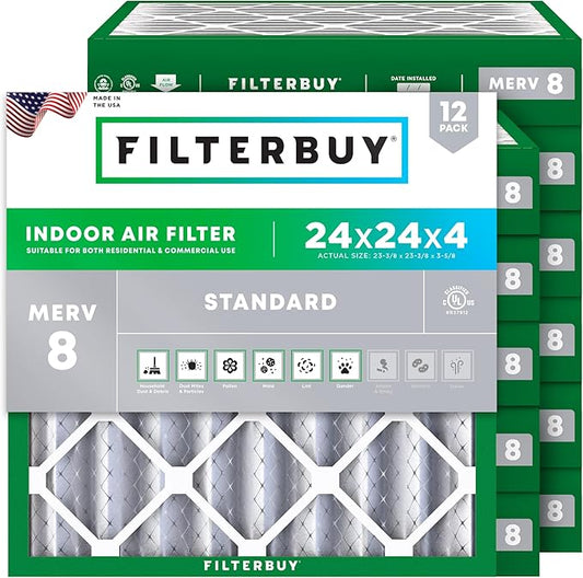 Filterbuy 24x24x4 Air Filter MERV 8 Essential Dust & Allergy Defense (12-Pack), Electrostatic Pleated HVAC AC Furnace Filters Replacement (Actual Size: 23.38 x 23.38 x 3.63)