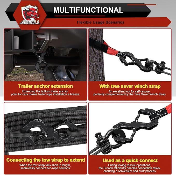 3/4" Easy Open D Ring Separate Shackles (17,600 lbs WLL) with 3/8" G80 S Shaped Tow Hook (11,200 lbs WLL) Off-Road Recovery Kit, Heavy Duty Winch Towing Combo, Black