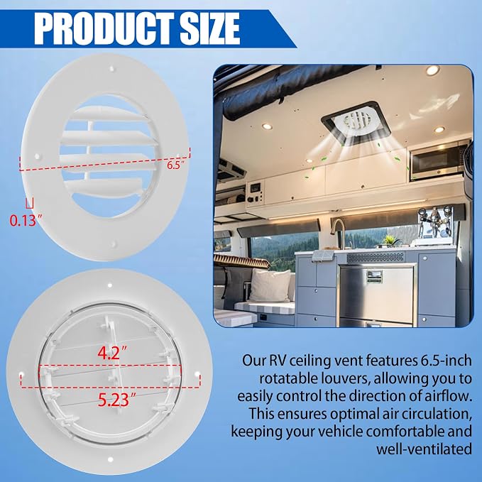 Calvana (2-Pack 6.5" RV Ceiling Vent Covers for Inside Camper, RV AC Vent Cover Replacement, Fits 4-5/8" Ducts, Rotatable Slats for Directional Airflow, White
