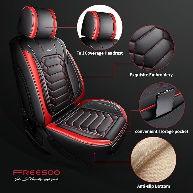 FREESOO for Silverado Seat Covers 2014-2018 Leather Full Set, Fit for Chevy Silverado GMC Sierra 1500 2500 3500 Crew Cab Waterproof Truck Seat Covers BlackRed