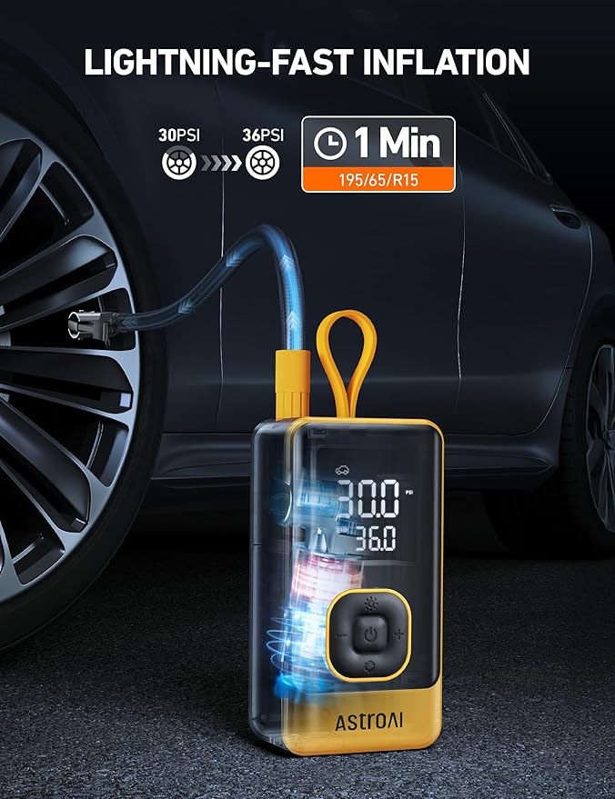 AstroAI L7 Air Tire Inflator Portable Air Compressor, 150PSI Electric Cordless Car Pump with Digital Gauge, Fast 1-Min Inflation, Auto Shutoff, LED Light for Car, SUV, Motorcycle & Bike Tires, Yellow