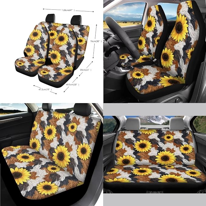 14 Pieces Car Seat Covers Full Set Sunflower Cow Print Car Front and Rear Seat Covers Steering Wheel Cover Armrest Pad Safety Belt Pads for Women Girls, Universal Fit Most Vehicle