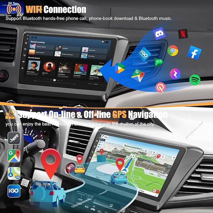 4G+64G Car Radio for Honda Civic 2012-2015 with Wireless Carpaly & Android Auto,9 Inch IPS Touch Screen Car Stereo with GPS Navigation/Bluetooth 5.2/FM/Backup Camera/WiFi/SWC/HiFi