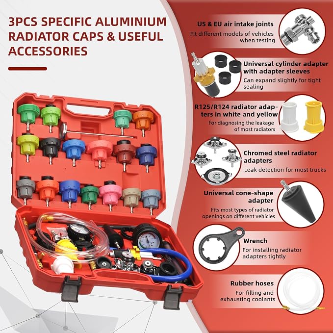 34pcs Coolant Vacuum Refill Kit with 25 Radiator Adapters, Coolant Pressure Tester Kit, Radiator Cooling System Pressure and Vacuum Purge Refill Tool