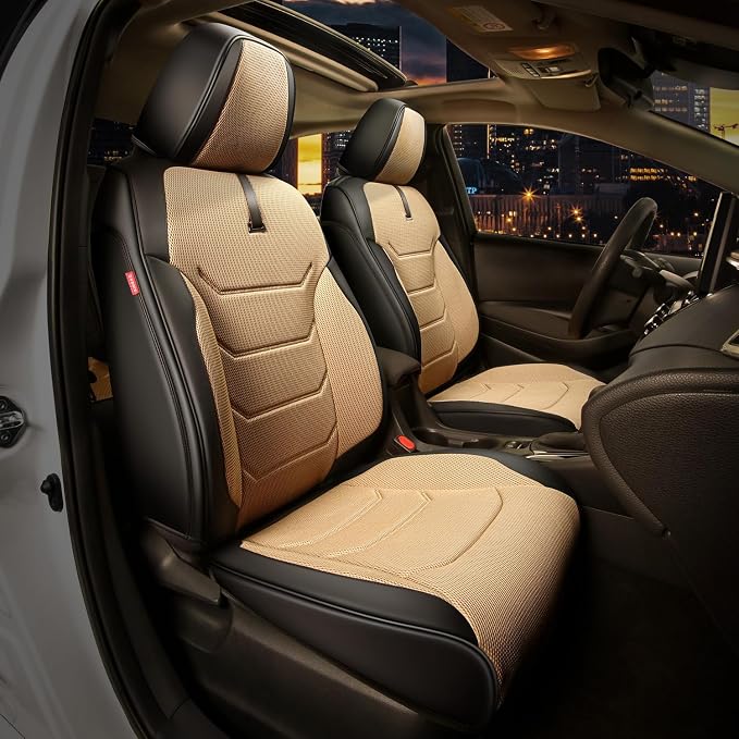 Sport Series Leatherette Front Row Set Seat Covers Universal for Cars Trucks SUV, Beige/Black, CA-SC-Sport-F-BE