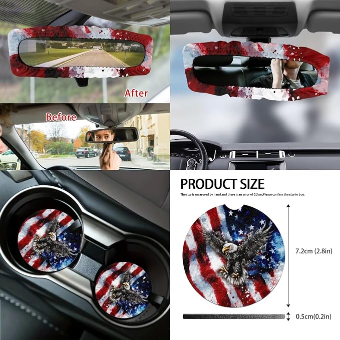 Eagle Print 14Pcs Car Interior Cover Set American Flag Print Car Front Rear Seat Covers Steering Wheel Cover Center Console Pad Safety Belt Pads for Men Women, Easy to Install