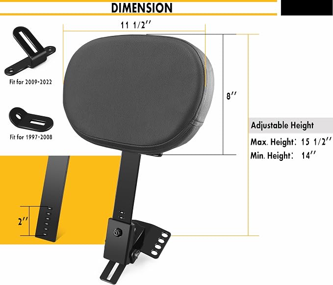 Adjustable Plug-in Driver Rider Backrest Custom Kit for Harley Electra Glides 1997-2026 Made Fit for Touring Models Road King Street Glide (Gloss Black)