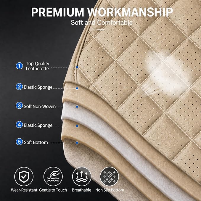 Fit Edge Car Seat Covers for Ford Edge 2007-2025 2026 - Luxury Leather, Anti-Slip, All-Weather Seat Cushions, Waterproof & Breathable, Airbag Compatible, Full 5-Seat Set (Beige)