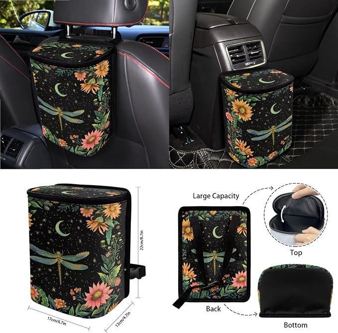 Flower Dragonfly Moon Print Car Seat Cover Set 15 PCS, with Steering Wheel Cover Seat Belt Pad Garbage Bag Air Vent Pocket Rearview Mirror Cover for SUV Trucks Vans Sedans