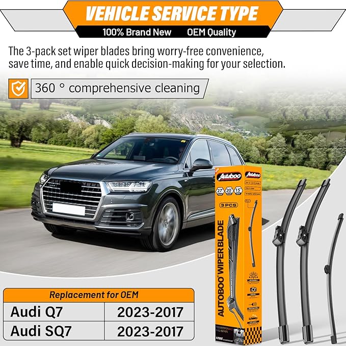 OEM Windshield Wiper Blade Replacement for Audi Q7 SQ7 2017 2018 2019 2020 2021 2022 2023 Original Equipment All-Season Rear Wiper Blade Set 27+20+15 (Set of 3)