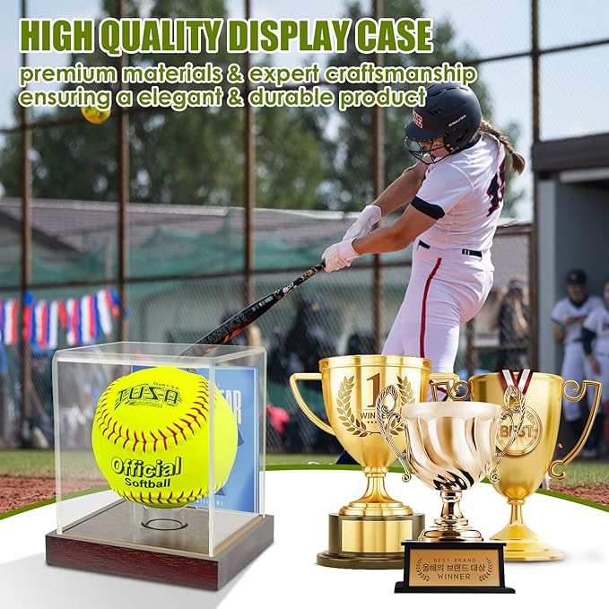 Softball Display Case Clear Soft Ball Holder for Display,UV Protected Cube with Wooden Base,Softball Display Case for 12 Inch Ball or 11 inch Ball Sports Ball Storage Collections (4×4×4.8 inches)
