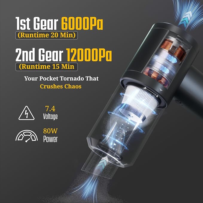 Car Vacuum Portable Cordless 12000Pa Powerful Suction Handheld Mini Rechargable Small Vacuum Cleaner Brushless Motor 4000mAh Rechargeable Type C Blower Inflator Deflator Car Cleaning