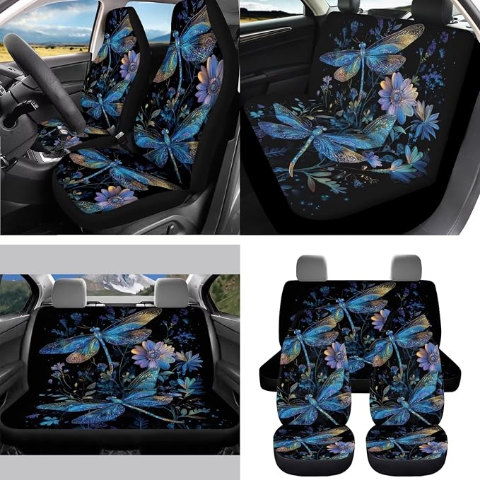 Blue Floral Dragonfly Car Seat Covers Full Set 15 Pcs Universal Seat Covers Front and Back with Steering Wheel Cover Seat Belt Pad Trash Can Car Headrest Pillow Covers Armrest Pad