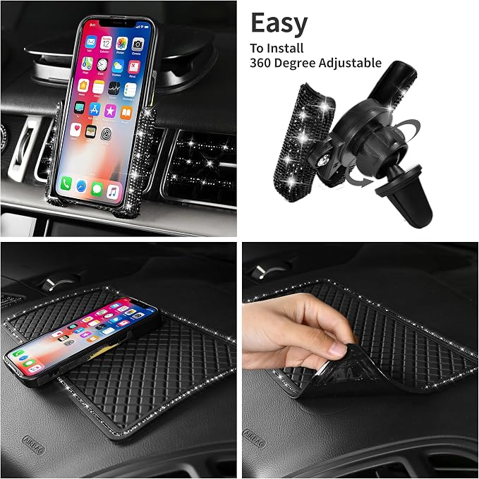 CAR PASS 30 PCS Bling Car Accessories Set for Women, Bling Steering Wheel Covers 15 Inch, Shining Rhinestone License Plate Frame, Sparkly Diamond Phone Holder, Car Mats Full Set, Black