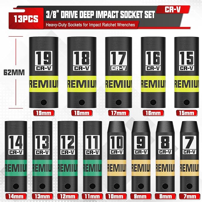 13-Piece 3/8" Drive Deep Impact Socket Set, 7-19mm, CR-V, 6 Point, Heavy-Duty Sockets for Impact Wrenches, Automotive and Home