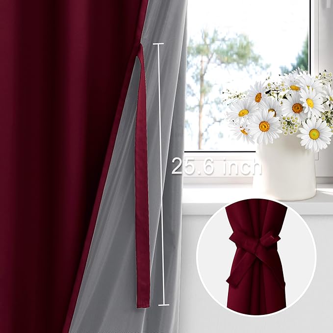 XWZO 100% Blackout Curtains with Tiebacks- 2 Thick Layers Completely Shaded Window Treatment Thermal Insulated Lined Drapes with Grommets for Bedroom/Patio Door, Burgundy, W52 x L84, Set of 2 Panels