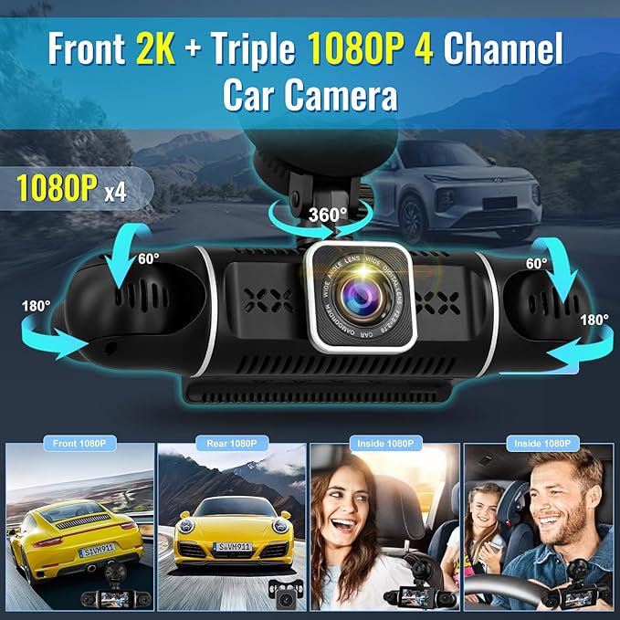 NHOPEEW 4 Channel Dash Cam 360° Coverage: Front 2K + Triple 1080P Car Camera Built-in WiFi Car Camera with App, Front Rear Left Right Inside with G-Sensor/Night Vision/Loop Recording + 64GB Card