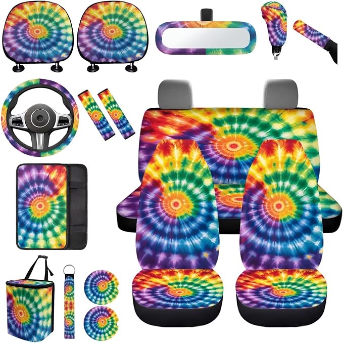 Tie Dye Car Seat Covers Full Set of 17 Pcs,Rainbow Tie Dye Car Accessories Sets with Rear View Mirror Cover,Auto Headrest Covers,Armrest Pad,Car Trash Can with Lid for Women Man