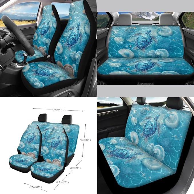Turtle Shell Print Universal Fit Car Seat Cover Set Seatbelt Strap Pad Steering Wheel Covers Air Vent Storage Holder Trash Cans Cup Coasters Rearview Mirror Cover Keychain, 15 Pieces