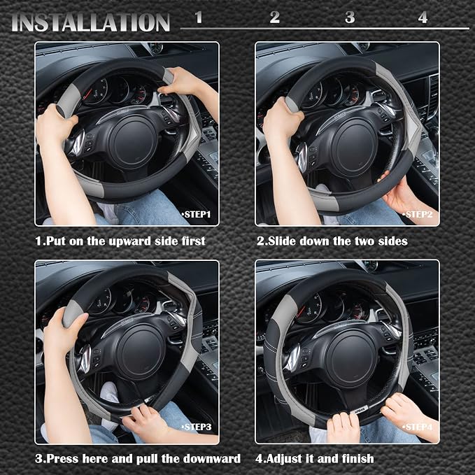 CAR PASS Line Rider Microfiber Leather Sporty Steering Wheel Cover and Sporty Cloth Full Set Car Seat Covers,Fits for 95% Truck,SUV,Cars, Anti-Slip Safety Comfortable Desgin (Black Gray)