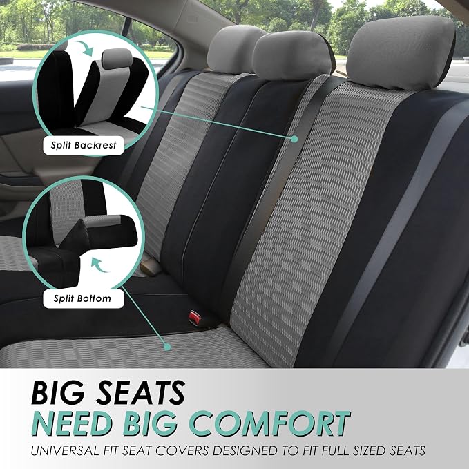 FH Group Car Seat Covers Trendy Elegance Three Row Car Seat Covers Set, Airbag Compatible and Split Ready, 8 Seater Covers-Universal Fit for Cars, Trucks & SUVs Gray/Black