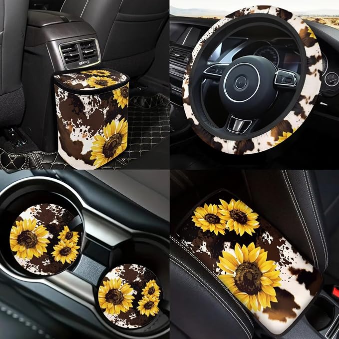 Sunflower Print Car Seat Covers Full Sets 18 Pcs Sunflower Cow Print Car Accessories Set with Steering Wheel Cover Auto Trash Can Car Headrest Covers Belt Pads Cover Armrest Pad,Universal Fit