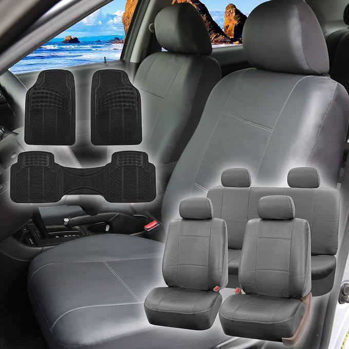 FH Group PU001114 PU Leather Seat Covers (Gray) Full Set with Gift – Universal Fit for Cars Trucks & SUVs