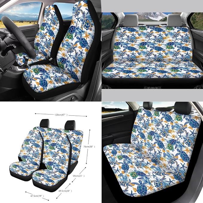 Sea Turtle Print 18Pcs Automotive Seat Covers & Accessories Full Set High Back Bucket Seat Covers for Car Front and Back Seats with Steering Wheel Cover Safety Belt Pads etc