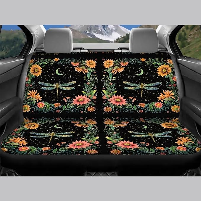 BIGCARJOB Flower Dragonfly Car Seat Cover Full Set of 12 Pcs Car Interior Accessories Set,Moon Dragonfly Steering Wheel Covers,Universal Seat Belt Pads,Armrest Cover,Cup Holder