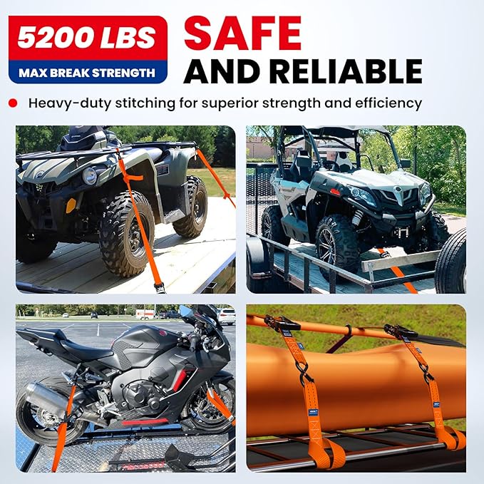 MOCA Orange Heavy Duty Ratchet Tie Down Straps - 5200 Lbs Breaking Strength 1.6" x 8', Includes 4 Heavy Duty Ratchet Padded Handles & Coated Chromoly S Hooks & 4 Soft Loop Tie-Downs