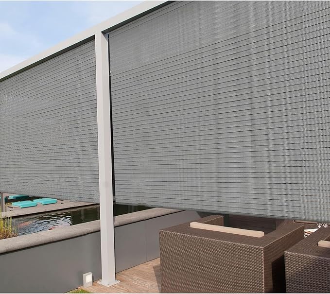 Coarbor Outdoor Roll up Shades Blinds for Pergola Porch Balcony Deck Roller Shade Screen 5'W x 13'L Hollow Out Light Grey