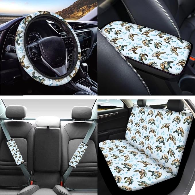 Mumeson Turtle Print Car Accessories Set for Womens Car Seat Covers with Steering Wheel Cover/Seat Belt Pads/Auto Armrest Cushion Full Set 8 Pack Interior Decoration