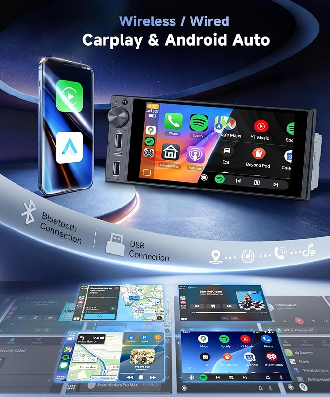 Single Din 6 Inch Incell Touch Screen Car Stereo Wireless CarPlay Android Auto with Backup Camera Mirror Link Bluetooth FM USB EQ SWC