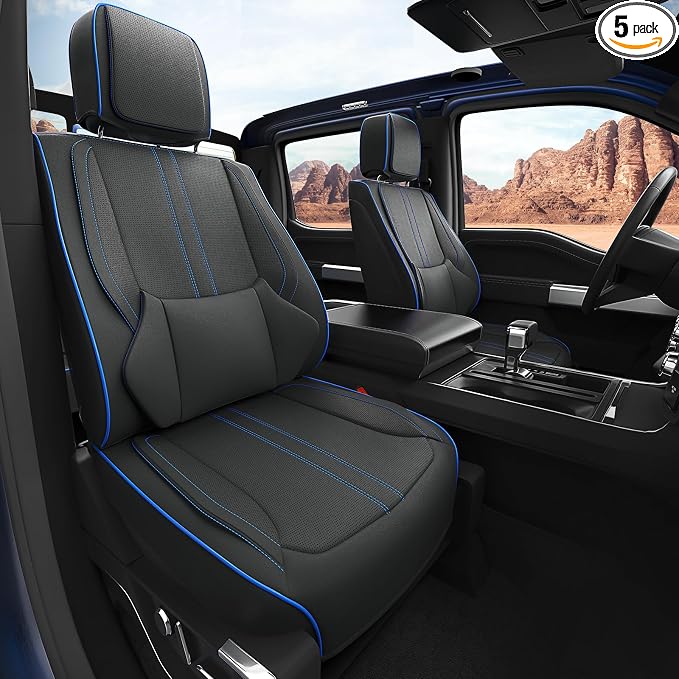 W&PMAX Custom-Fit Blue Seat Covers Full Set for Chevy Silverado & GMC Sierra 2007–2026, Fit 1500/2500/3500HD Crew/Double/Extended Cab, Waterproof Leather Truck Seat Protectors