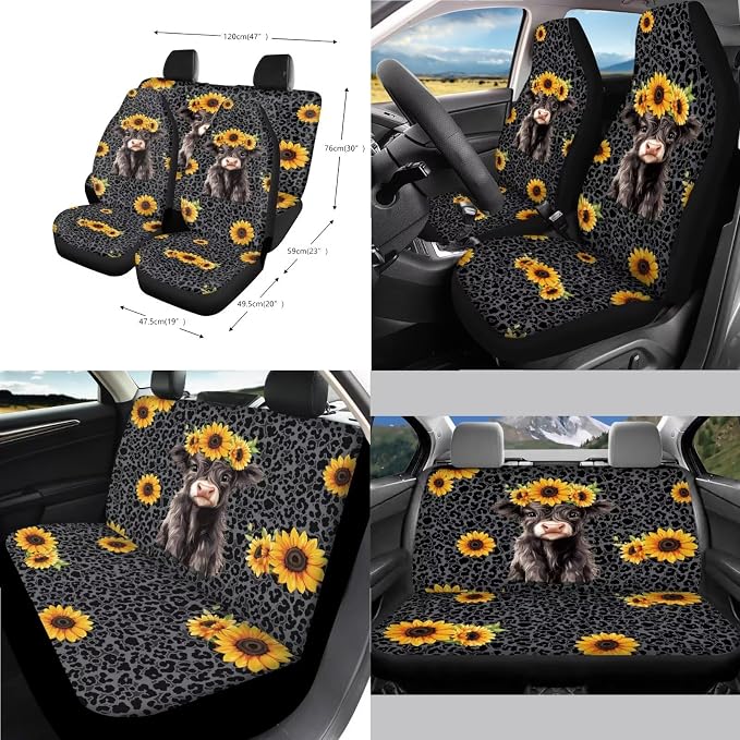 Highland Cattle Print 14Pcs Car Interior Cover Set Sunflower Leopard Print Car Front Rear Seat Covers Steering Wheel Cover Center Console Pad Safety Belt Pads for Men Women