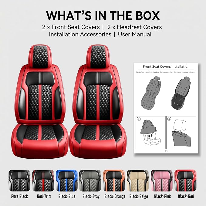 Fit XT5 Car Seat Covers (Front Pair) for Select Cadillac XT5 2017-2026, Premium Full Coverage Leather, Airbag Compatible, Waterproof & All Weather Breathable Seat Cushion Protector, Black+Red