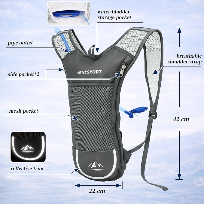 2 Pack Hydration Backpack Pack with 2L Hydration Bladder, TNYSPORT Lightweight Breathable Water Backpack with 3 Layer Pockets, Reinforced Shoulder Straps for Hiking Running Cycling