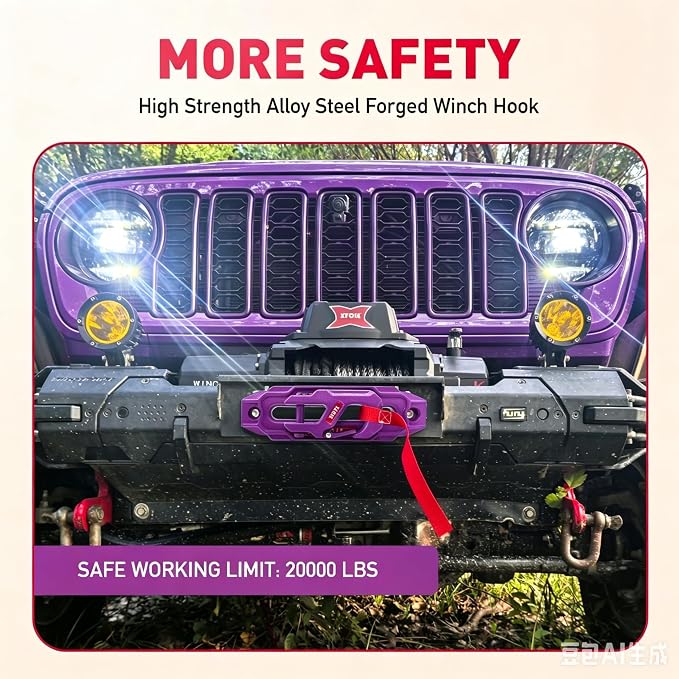 Winch Fairlead with Tow Hook, Purple, 10 in. (254 mm) | Synthetic Rope Fairlead, Forged Winch Hook, 10000 lb. - 20000 lb Towing, For SUV Truck Trailer Jeep, Electric Winches