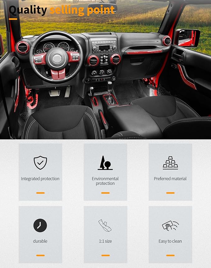 Hoolcar Steering Wheel Cover Gear Shift Panel Trim Cover Water Cup Holder Cover Kit Interior Accessories Kit Fit for Jeep Wrangler JK JKU 2011-2018, 4-Door, Red Carbon Fiber