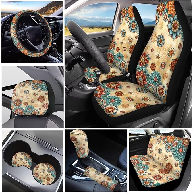 KEIAHUAN Boho Mandala Flower Car Seat Cover Set for Women 11 Pieces Includes Car Front Rear Seat Cover Steering Wheel Cover Handbrake Cover Headrest Covers Cup Coaster Auto Interior Accessories
