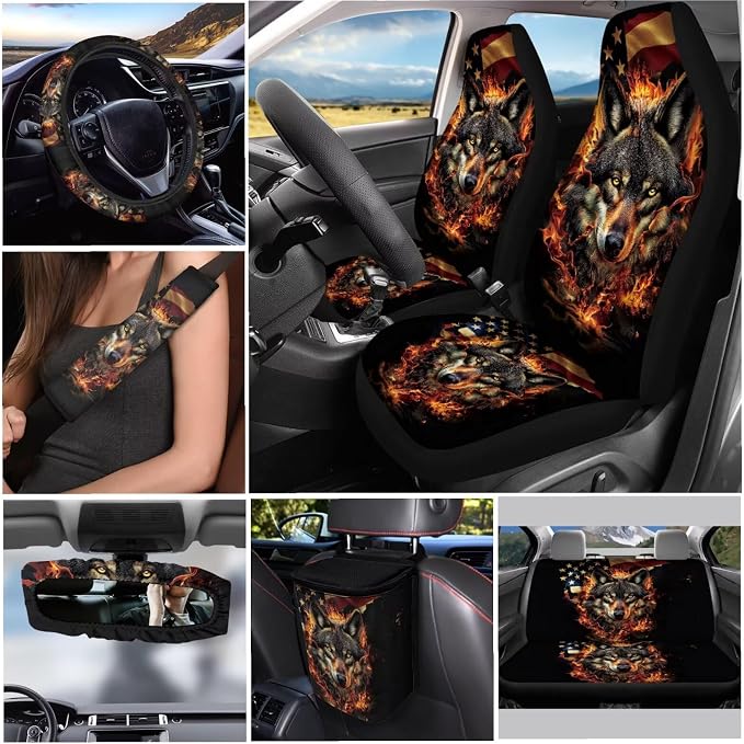 Flag Wolf Car Seat Covers Set of 12 Steering Wheel Cover Seat Belt Pads Car Trash Can Car Keychain Holder Chapstick Holder Suitable for Cars, SUV and Trucks in All Seasons