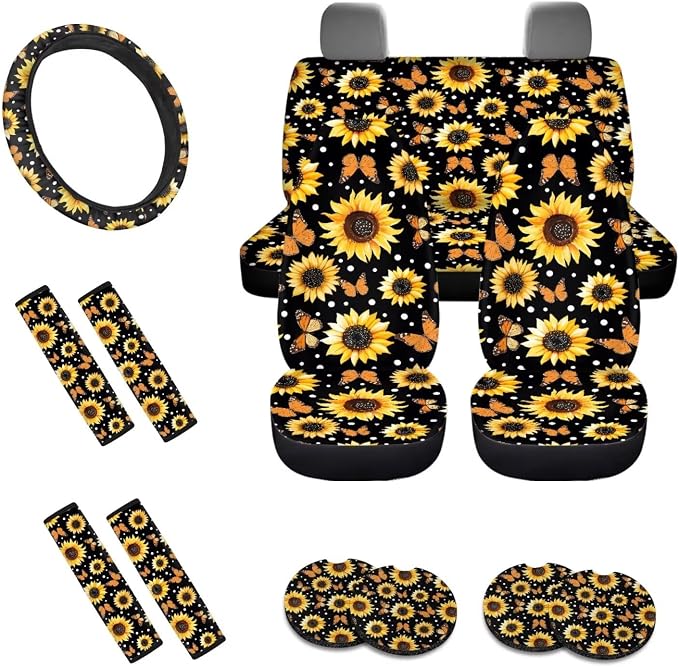 Sunflower Butterfly Dot Print 13 Pieces Car Interior Accessories, Auto Front and Rear Seat Cover Set of 4, 1 Comfort Steering Wheel Cover, 4 Soft Seat Belt Cover, 4 Cup Holder Coasters