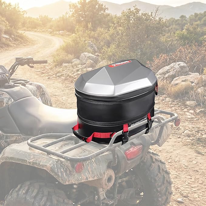 NICECNC Motorcycle ATV Helmet Backpack Hardshell, 38L Large Capacity Motorcycle ATV Rear Seat bag Tail Bag Expandable Helmet Storage Bag Travel Luggage Bag for Riding Camping Hiking, 8 Straps, Red