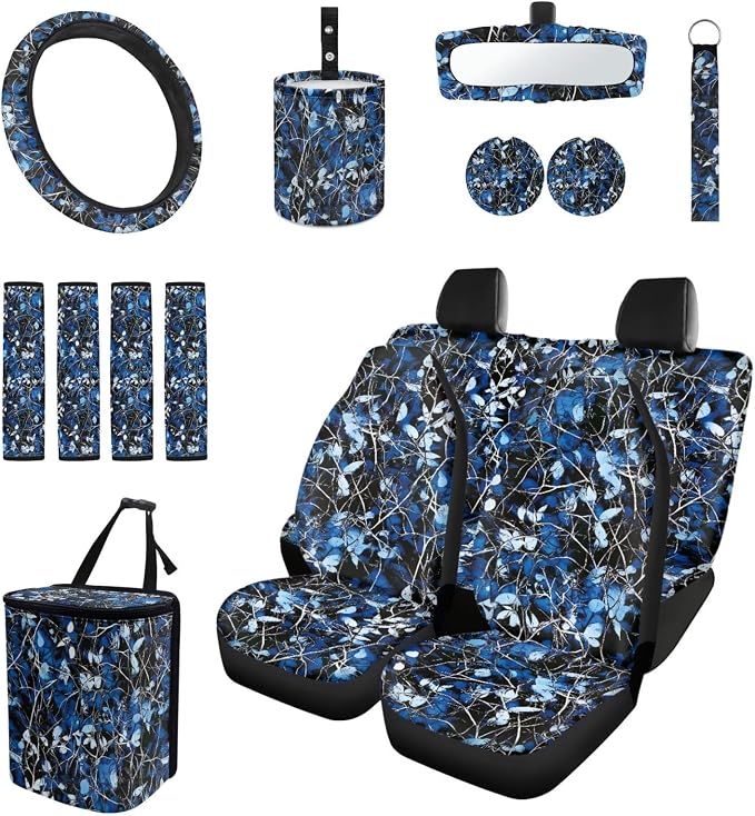15 Pcs Blue Camouflage Car Seat Covers Full Set for Women Butterfly Car Accessories Interior Car Steering Wheel Cover Seatbelt Covers Trash Bin Rear View Mirror Cover Cup Holders Keychain