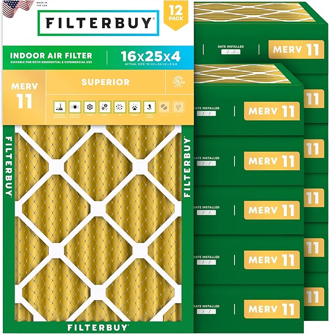 Filterbuy 16x25x4 Air Filter MERV 11 Superior Pet & Allergy Defense (12-Pack), Electrostatic Pleated HVAC AC Furnace Filters Replacement (Actual Size: 15.50 x 24.50 x 3.63)