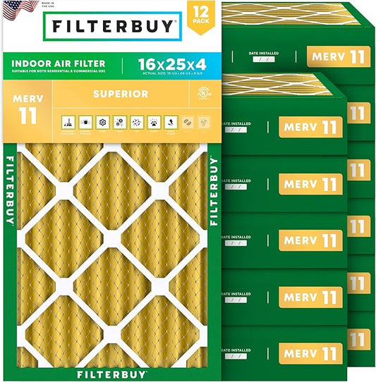 Filterbuy 16x25x4 Air Filter MERV 11 Superior Pet & Allergy Defense (12-Pack), Electrostatic Pleated HVAC AC Furnace Filters Replacement (Actual Size: 15.50 x 24.50 x 3.63)