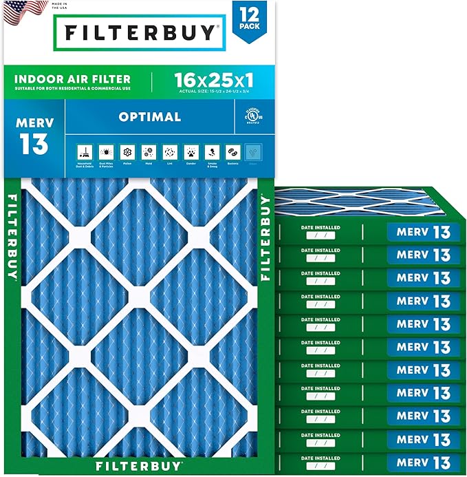 Filterbuy 16x25x1 Air Filter MERV 13 Optimal Smoke & Allergy Defense (12-Pack), Electrostatic Pleated HVAC AC Furnace Filters Replacement (Actual Size: 15.50 x 24.50 x 0.75)