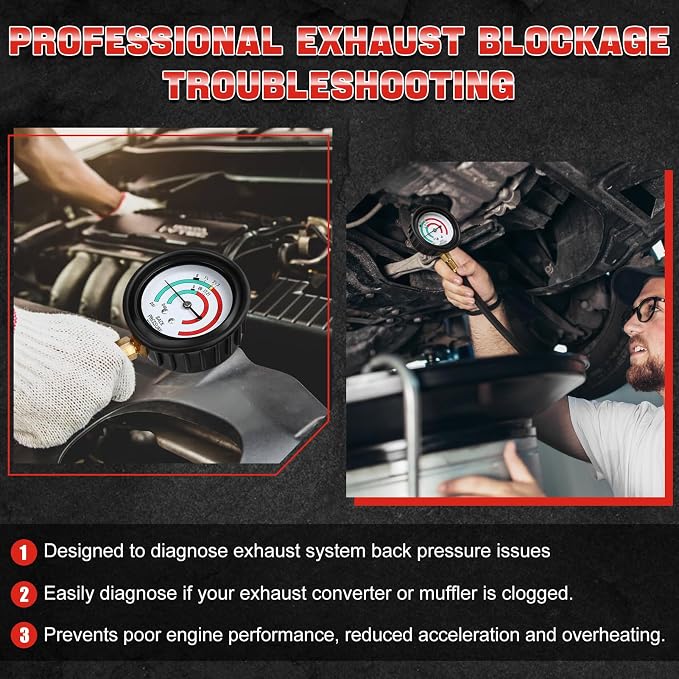 Pressure Tester Kit - Catalytic Converter Clog Diagnostic Tool with 2.5 PSI/Bar Gauge, 6FT Hose, M 12 / M 18 Adapters & ABS Case for Automotive Repair